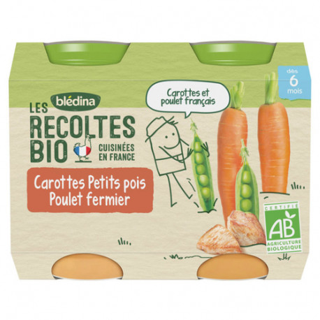 Blédina les récoltes bio pots carotte petits pois poulet 2x200g