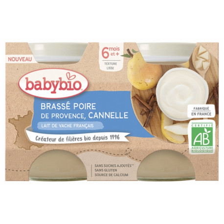 Babybio Brassé Poire Cannelle 6 Mois et + Bio 2 Pots de 130 g