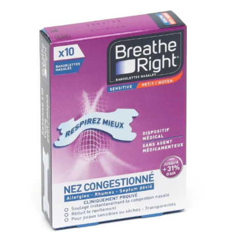 Breathe Right Sensitive 10 bandelettes nasales taille petit/moyen